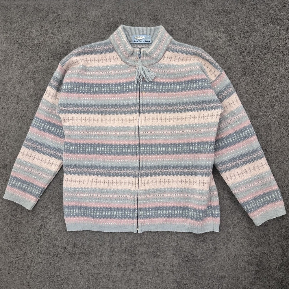 southern isles wool cardigan sweater womens size XS full zip striped rim bow